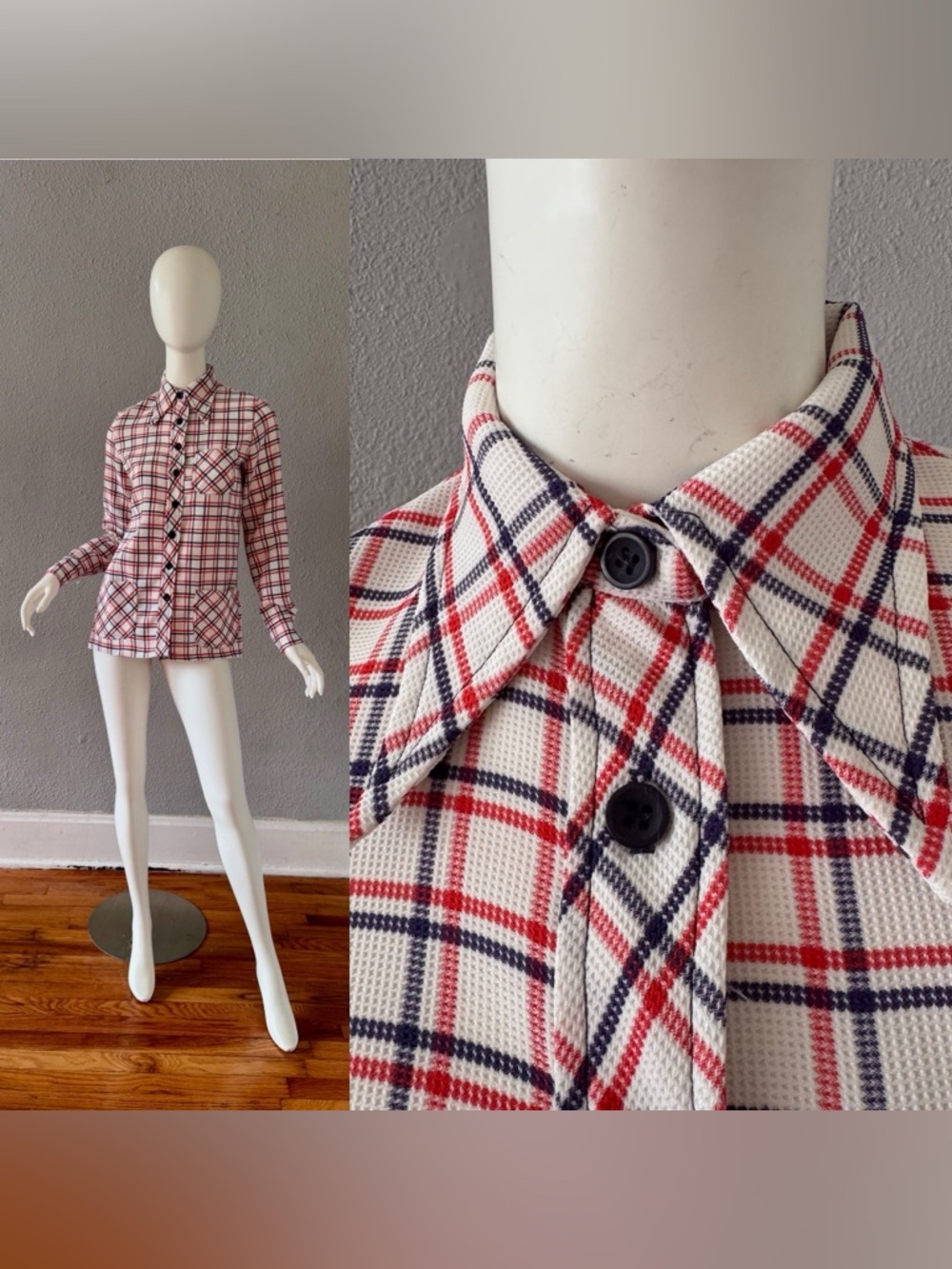 Vintage 70s Patriotic Plaid Dagger Collar Button Top Blouse M